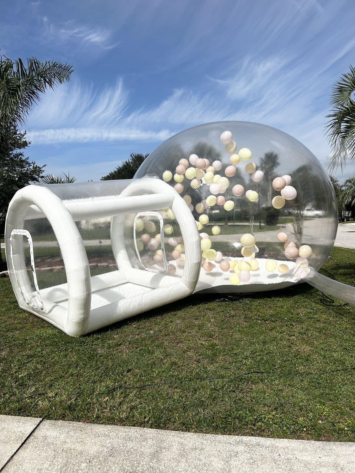 Clear Bubble House Clear bubble house rental in Miami with pastel balloons inside